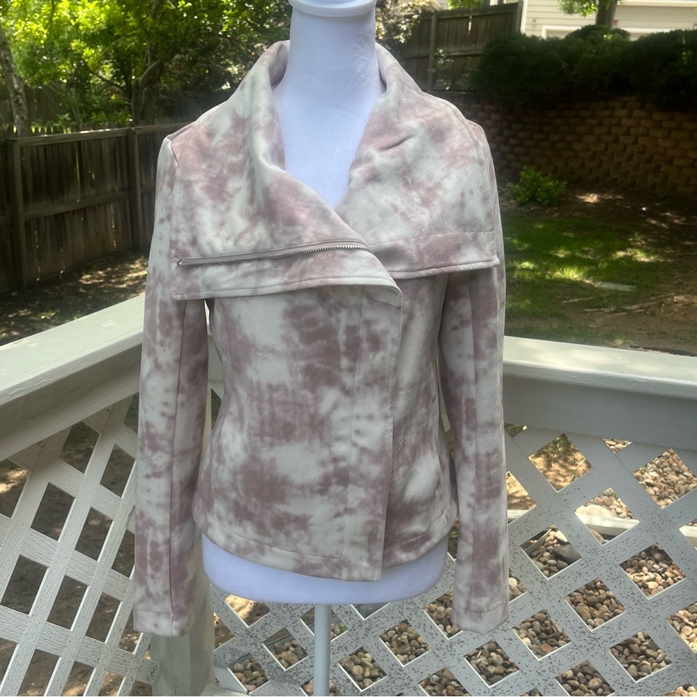 Bagatelle Pink Rose TieDye Asymmetrical Zip Faux Suede Moto Short Jacket XS Crop - Picture 13 of 16